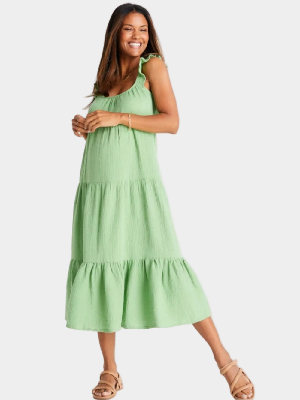 NEW Marine Layer Jude Flutter Sleeve Dress Size L Jade Sheen Coastal Slub Cotton